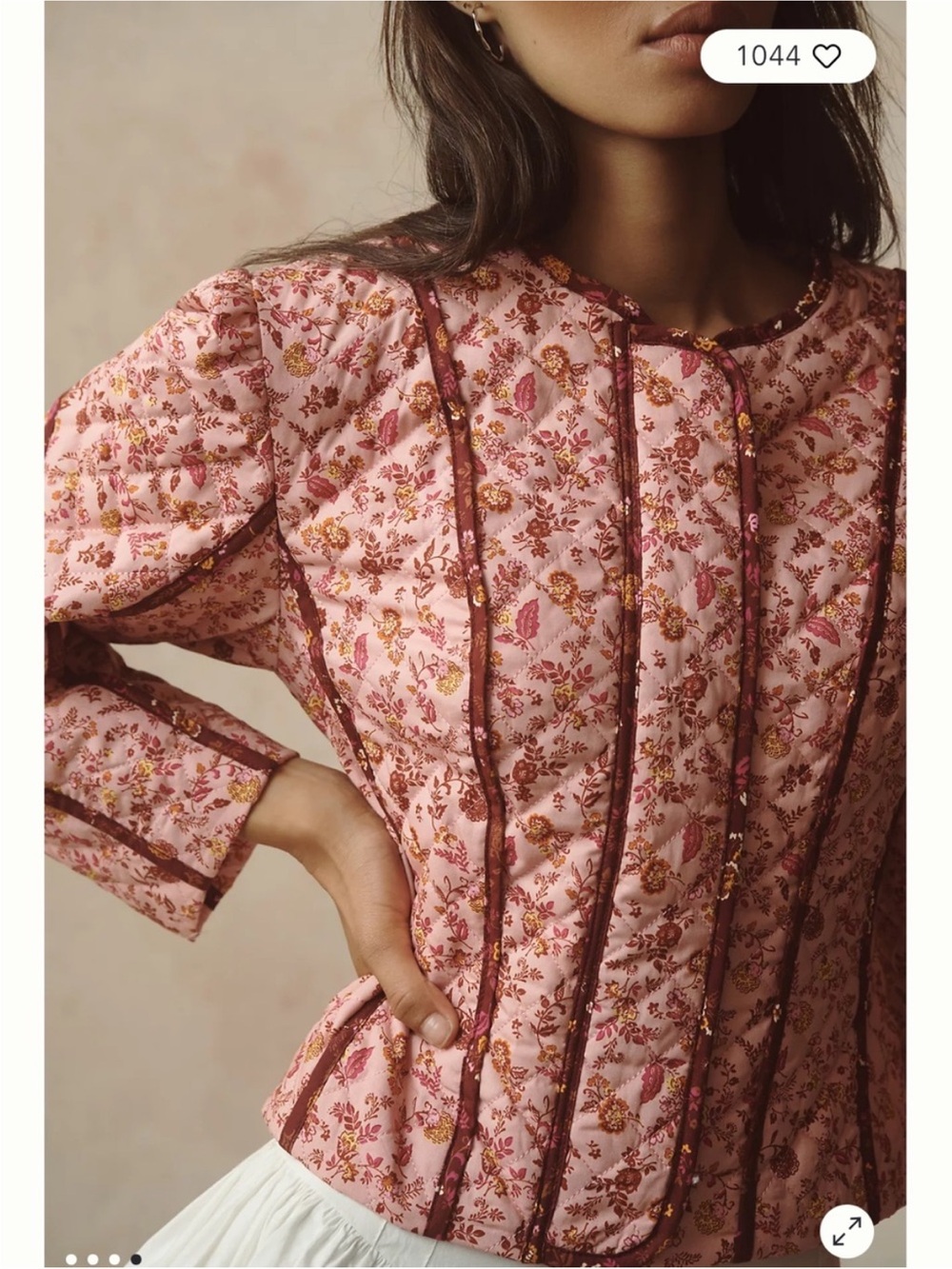 Avec Les Filles Pink Floral Quilted Bomber Jacket with Burgundy Trim - Picture 4 of 10